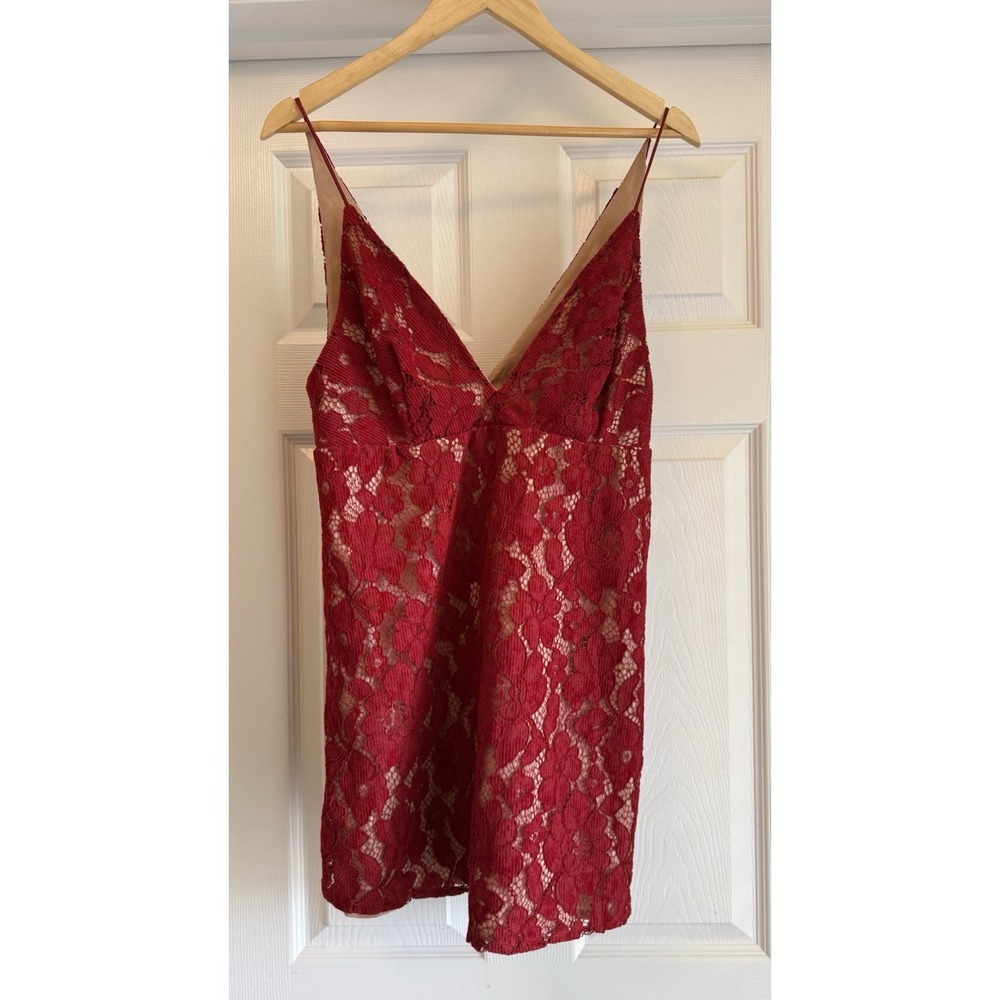 Free People Camisole Dress Women 6 Red Lace V-Neck Spaghetti Strap Boho Lined